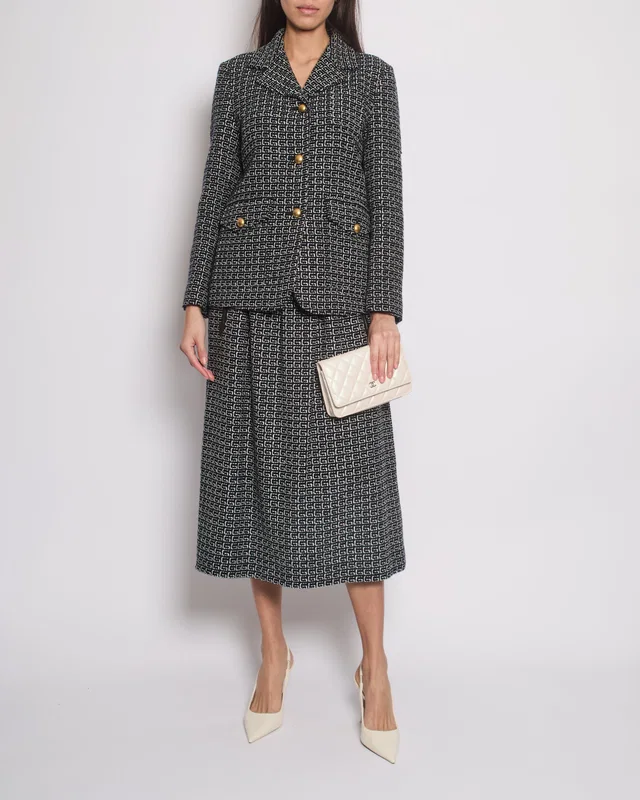 Gucci Black and White GG Logo Jacket and Midi Skirt Set with Leather Details Size IT 44 (UK 12) in Black Leather from Sellier