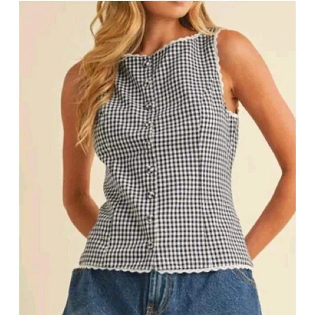 Christian Lacroix Navy Gingham Lace Trim Button Front Vest Top Small Cottagecore in blue|white from Poshmark