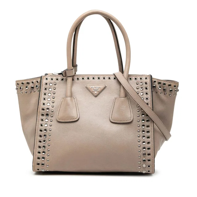 Beige Prada Glace Calf Studded Twin Pocket Satchel in Beige Calfskin from Designer Revival