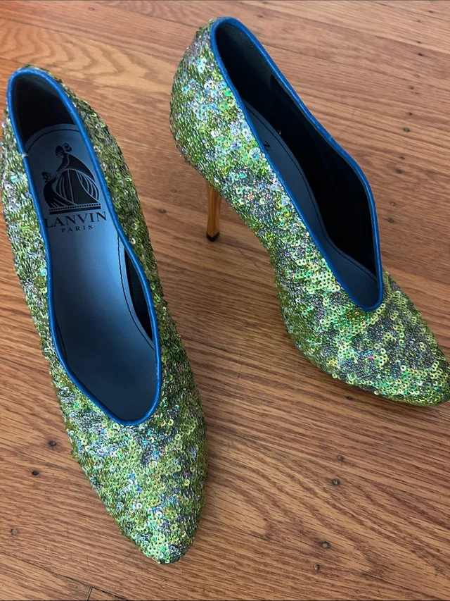 Lanvin Green Sequin Pointed Toe Stiletto Pumps With Blue Trim in green|blue Leather from Poshmark