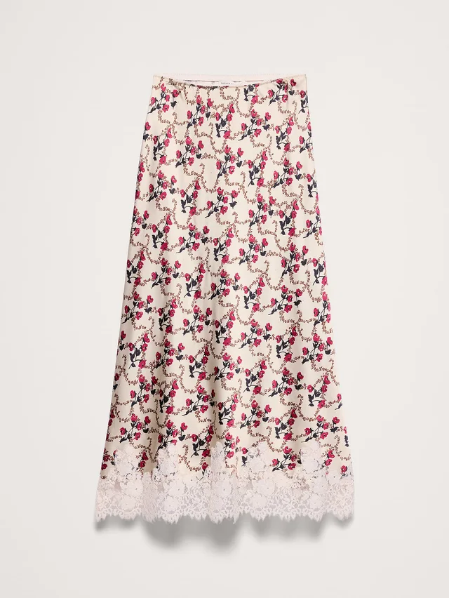 Banana Republic Stretch-Satin Lace-Trim Midi Skirt in Cream Floral, photo 5 of 5 from Banana Republic (US)
