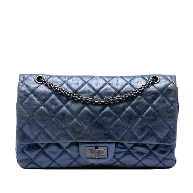 Blue Chanel Quilted Metallic Aged Calfskin Reissue 2.55 Double Flap 227 Shoulder Bag in Blue Calfskin from Designer Revival