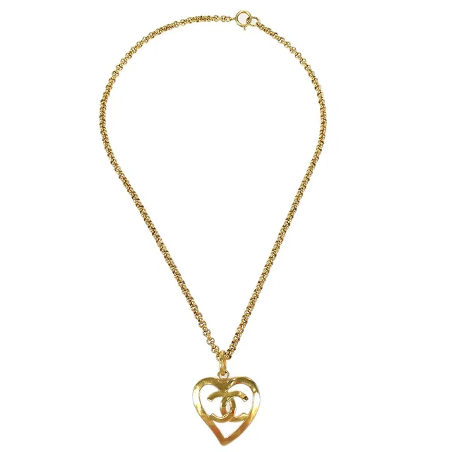 Chanel 1995 Gold CC Heart Cutout Pendant Necklace in Gold from AMORE Vintage Tokyo