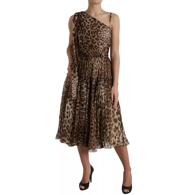 Dolce & Gabbana Dress Brown Leopard Print Silk Ruffled Midi size 42 in Brown Silk from Luxury Promise
