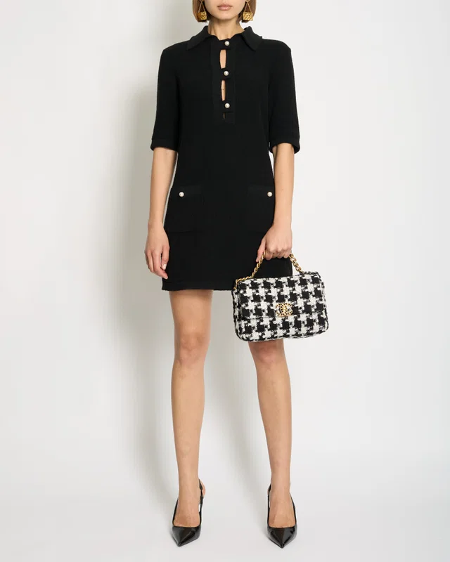 Chanel 23P Black Terry Fabric Short Sleeve Dress with Pearl CC Buttons Detail Size FR 34 (UK 6) in Black from Sellier