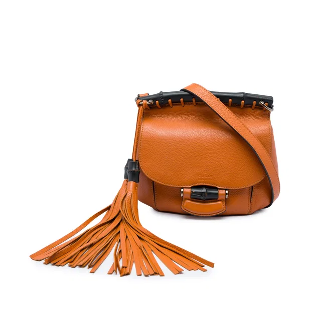 Orange Gucci Small Calfskin Bamboo Nouveau Fringe Crossbody in Orange Calfskin from Designer Revival