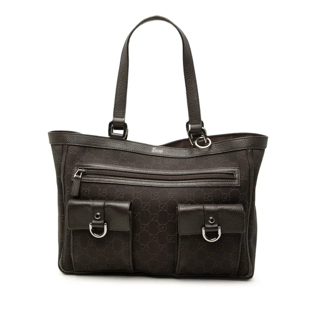 Brown Gucci GG Denim Abbey D Ring Pocket Tote in Brown Denim from Designer Revival
