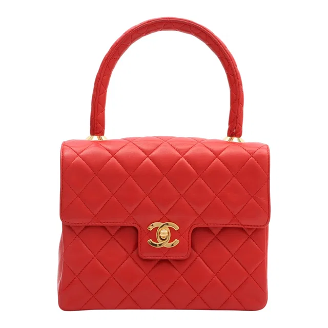 Chanel Circa 1992 Matelasse Stitch CC Turn-Lock Handbag Red in Red Lambskin from VINTAGE QOO TOKYO