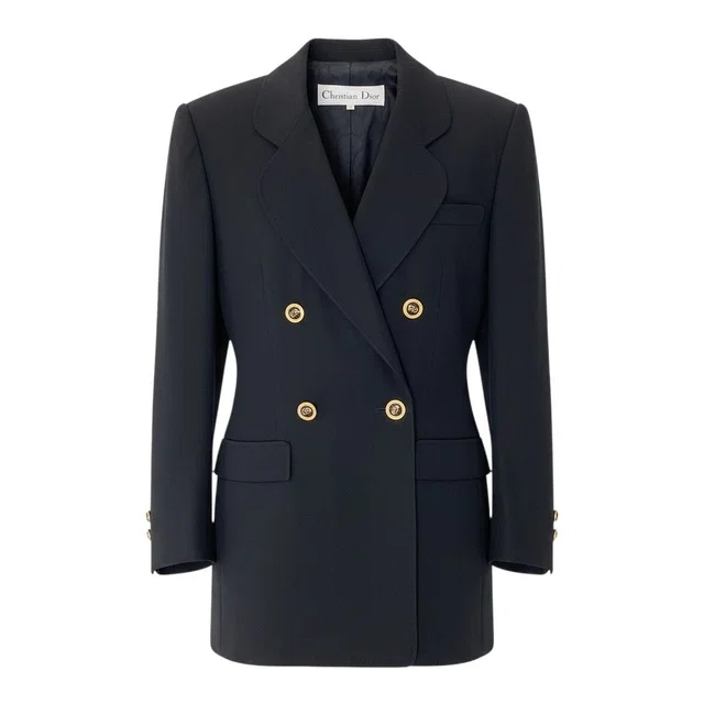 Dior CD Button Terra Jacket Blazer Double Breasted 9 Black Wool in Black Wool from The Reluxe