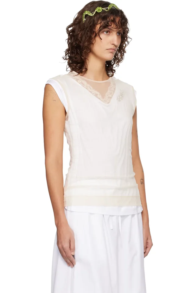 Simone Rocha White & Beige Layered Liquid Lace Trim T-shirt, photo 2 of 4 from SSENSE