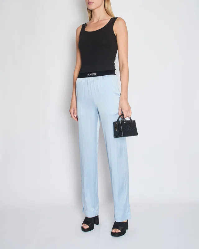 Tom Ford Blue Satin Silk Trousers with Velvet Elasticated Waist Size IT 38 (UK 6) in Blue Velvet from Sellier