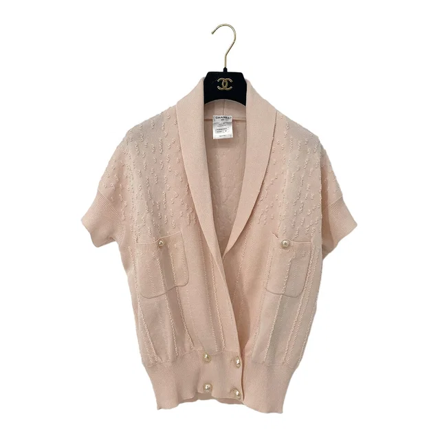 Chanel Coco Faux Pearl Button Cardigan Pink Rayon 40 P43 Rtw in Pink Nylon from Luxury Promise