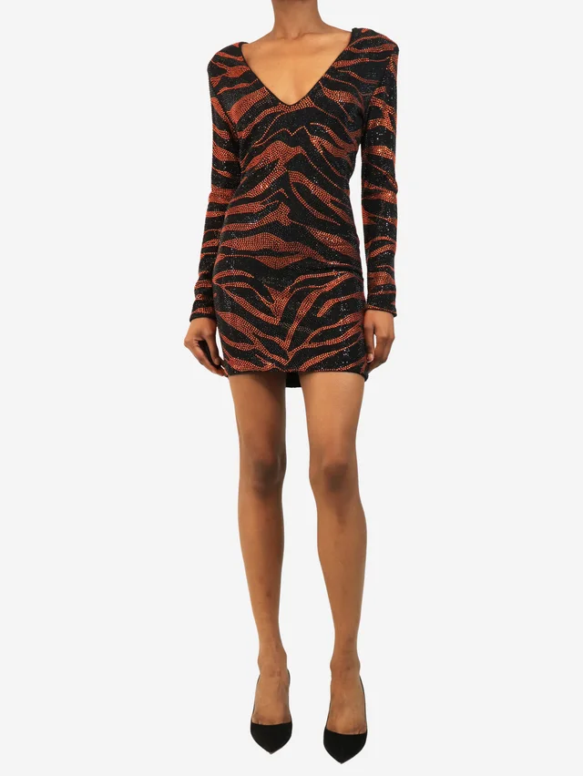 Balmain Black and orange Resort 2016 sequined tiger print mini dress - size UK 8 from Sign of the Times