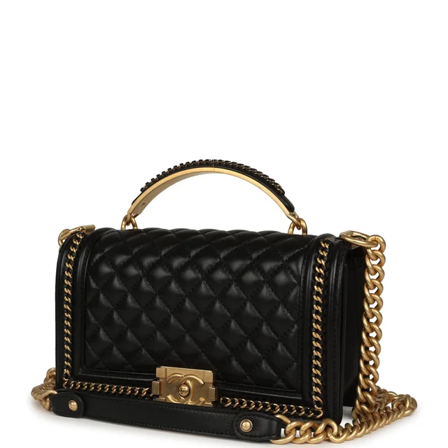 Chanel Medium Top Handle Braided Boy Bag Black Shiny Lambskin Antique Gold Hardware in Black Lambskin from Madison Avenue Couture, photo 2 of 2