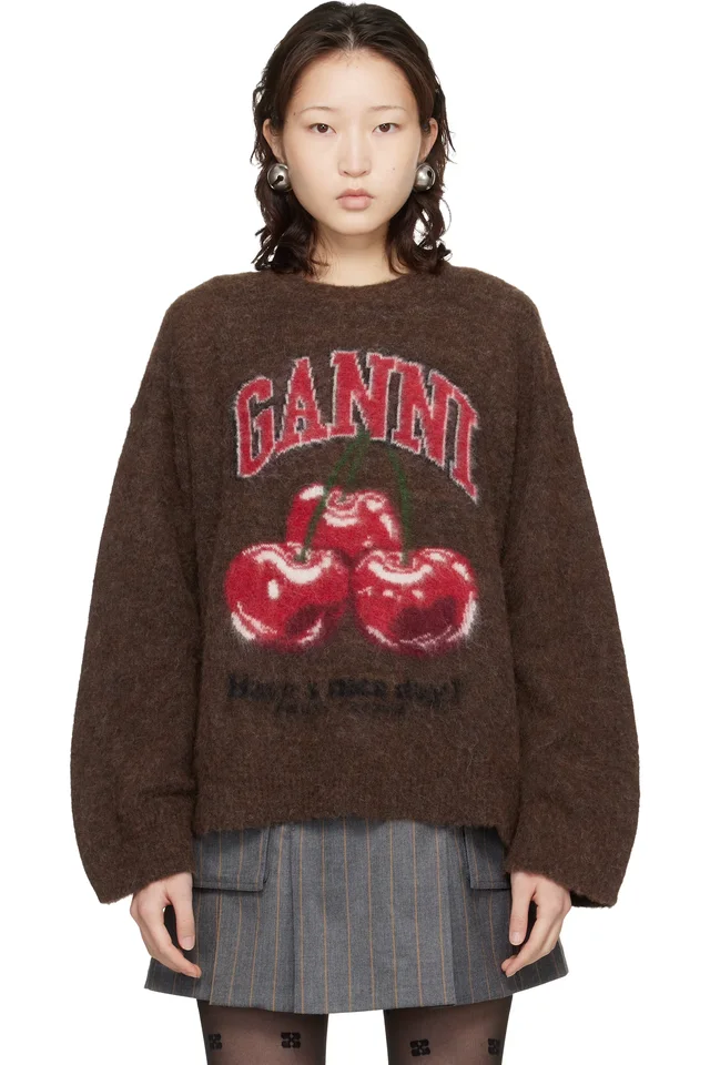 GANNI Brown Brushed Alpaca Graphic Oversized Sweater, photo 5 of 6 from SSENSE