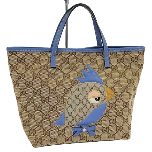 Gucci Tote Bag Papagallo Parrot GG Canvas Leather Brown Blue in Brown Canvas from The Reluxe