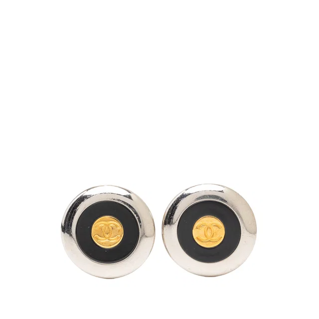 Chanel CC Brass Enamel Gold Plated Round Clip On Earrings in Black from Designer Revival