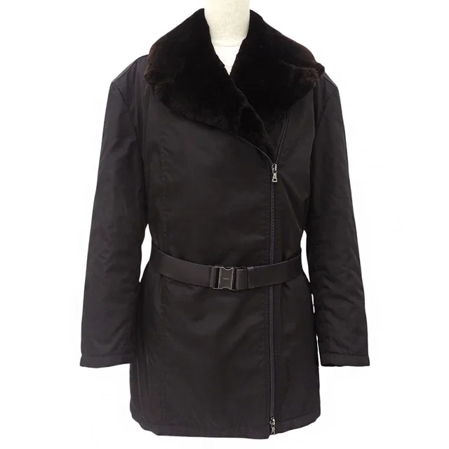 Prada Nylon Leather Combination Fur Collar Coat #40 Black in Black Nylon from VINTAGE QOO TOKYO