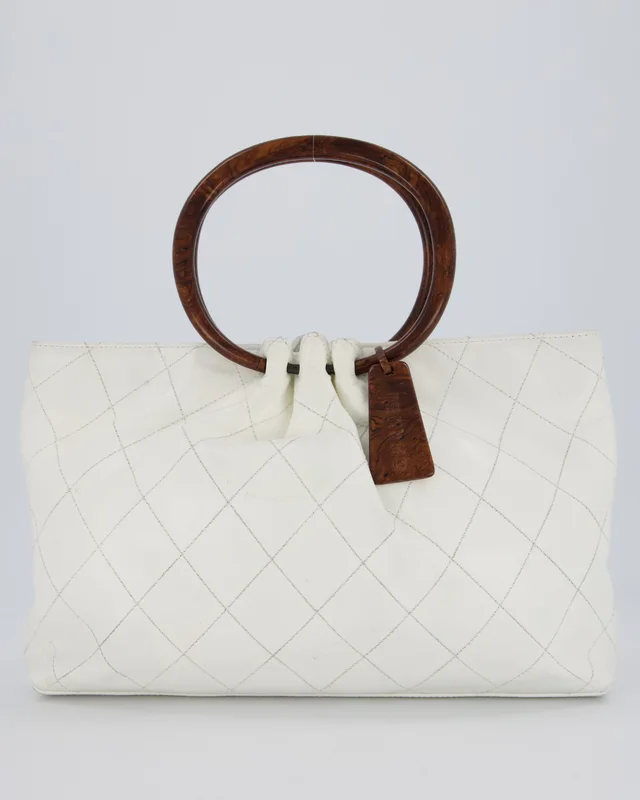 Chanel White Vintage Tote Bag in Quilted Lambskin with Tortoise Effect Resin Handles from Sellier
