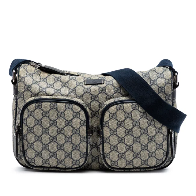 Beige Gucci GG Supreme Double Pocket Crossbody in Beige Coated canvas from Designer Revival
