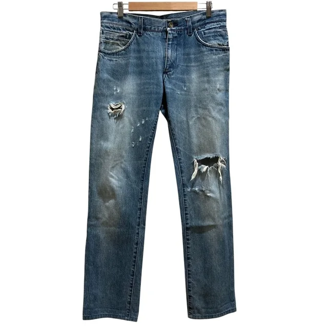 Dolce & Gabbana Distressed Plate Denim Pants Jeans 46 Indigo in Denim from The Reluxe