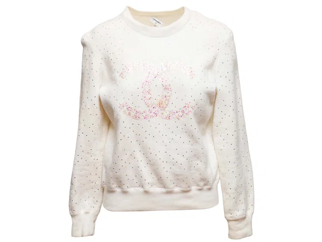 White & Light Pink Chanel 2021 Cotton Logo Crewneck Sweatshirt Size FR 36 in White from Designer Revival