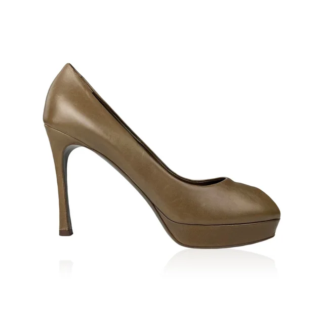 Saint Laurent Palais 80 Open Pump in Olive Brown Leather from Designer Archives