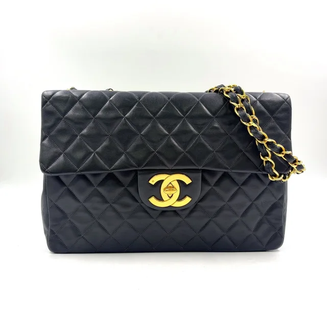 Chanel Maxi Quilted 34 Lambskin Black Chain Shoulder Bag Gold in Black Lambskin from The Reluxe