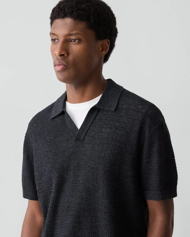 Theory Brenan Polo Shirt in Pacific Linen in BLACK 65% Linen, 23% Cotton, 12% Polyester; Exclusive Of Elastic, photo 4 of 12 from Theory