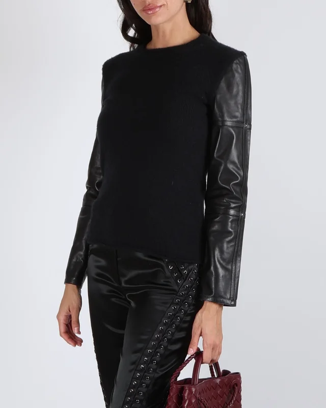 Hermès Black Cashmere Jumper with Lambskin Leather Sleeves and Palladium Stud Details Size FR 36 (UK 8) in Black Lambskin from Sellier, photo 2 of 2