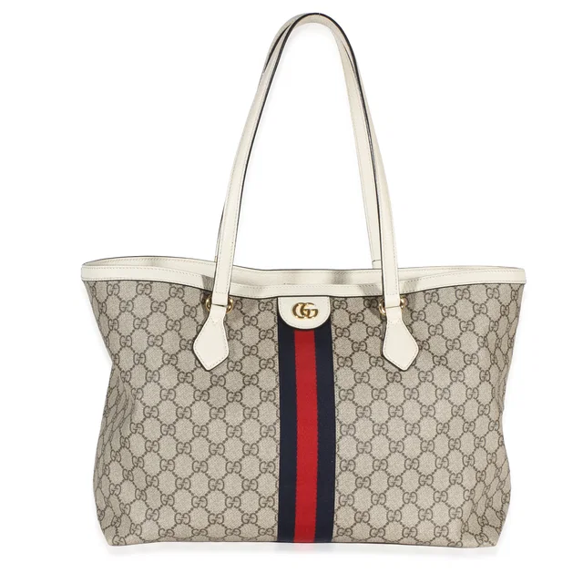 Gucci Cream GG Supreme Canvas Medium Ophidia Tote in White Canvas from myGemma