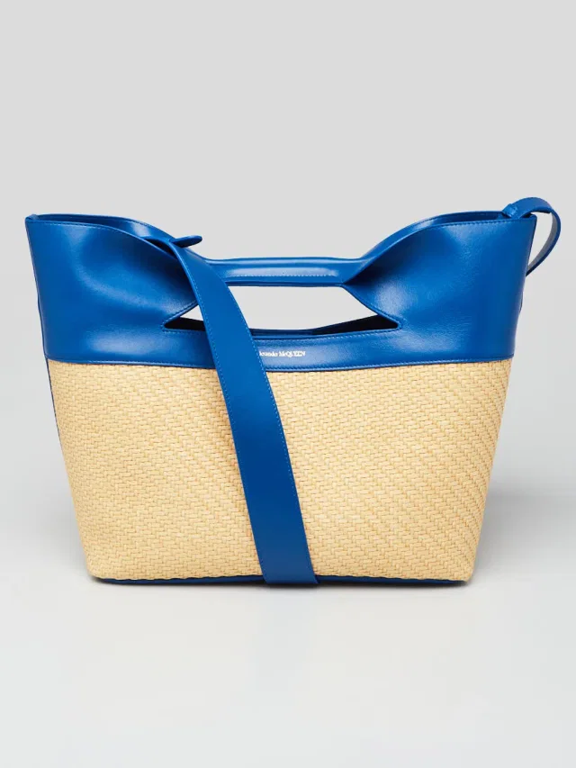 Alexander McQueen Natural/Electric Blue Leather and Straw Small Bow Tote Bag in Beige Raffia from Yoogis