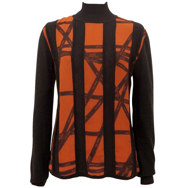 Hermès Bolduc Pattern High Neck Knit Sweater #SM Orange/Brown in Brown Silk from VINTAGE QOO TOKYO