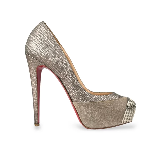 Christian Louboutin Maggie 120 Grey Suede & Rosy Leather Pumps in Grey Leather from Designer Archives