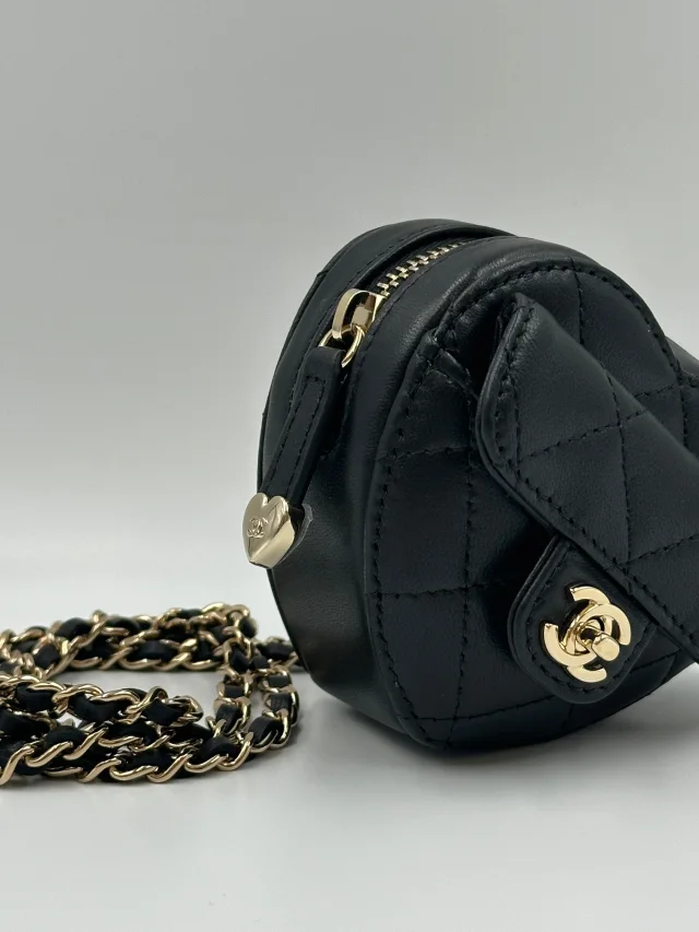 LONDON LOCATED* CHANEL MINI HEART NECKLACE Black Lambskin Leather with Champagne-Toned Metal in Black Lambskin from Luxury Promise, photo 9 of 14