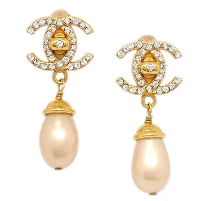 Chanel 1996 Cristal & Faux Pearl CC Turnlock Earrings from AMORE Vintage Tokyo