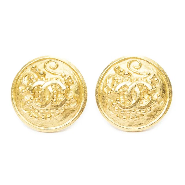 Chanel CC Logo Round Clip-On Earrings Gold Plated in Gold from The Reluxe