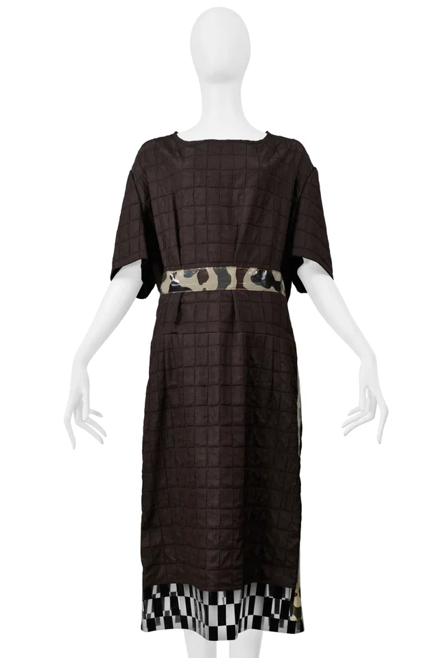Comme des Garçons Brown Day Dress With Camo Trim & Vinyl Checkerboard Trim 2001 in Brown from Resurrection Vintage