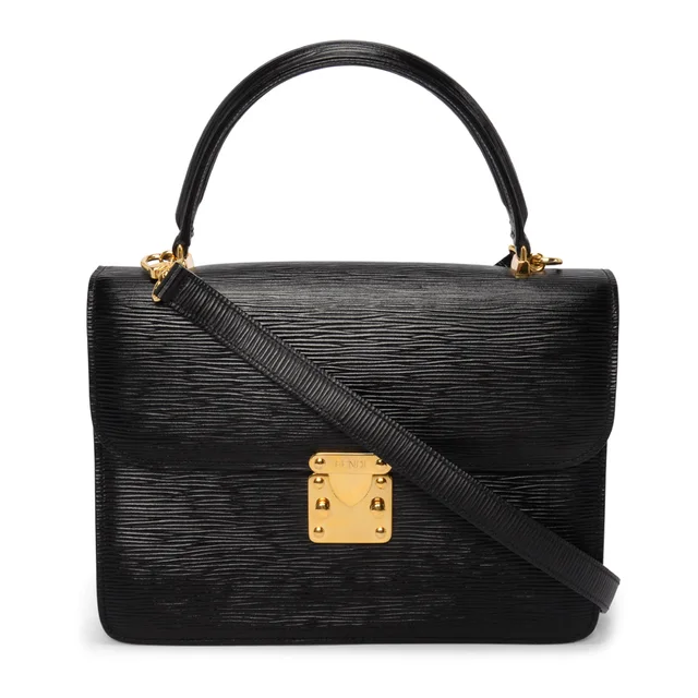 Fendi Vintage Black Stamped Leather Flap Bag in Black Leather from Blue Spinach