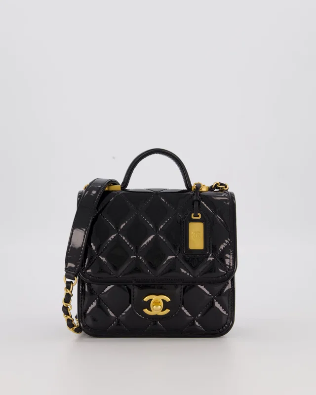 Chanel School Memory Square Top Handle Flap Bag in Black Patent leather from Sellier