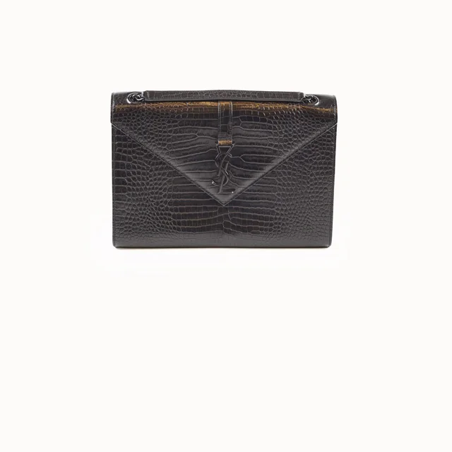 Saint Laurent Large Envelope Crocodile Embossed Leather Black in Black Crocodile from The Purse Affair