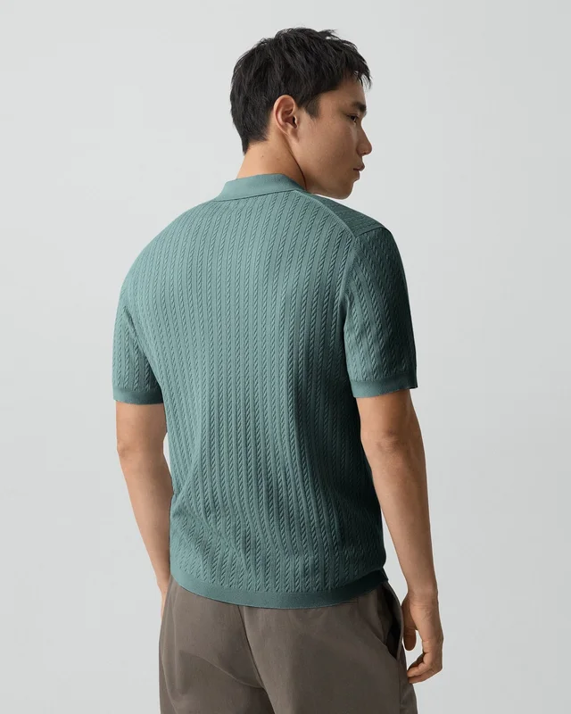 Theory Soris Cable-Knit Polo Shirt in Light Bilen in LIGHT PINE GROVE 62% Viscose, 38% Polyester; Exclusive Of Elastic, photo 3 of 12 from Theory