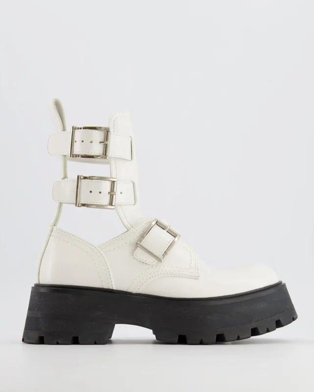 Alexander McQueen White Leather Platform Rave Buckle Combat Boots with Cut-Outs and Black Soles Size EU 37 in Black Leather from Sellier