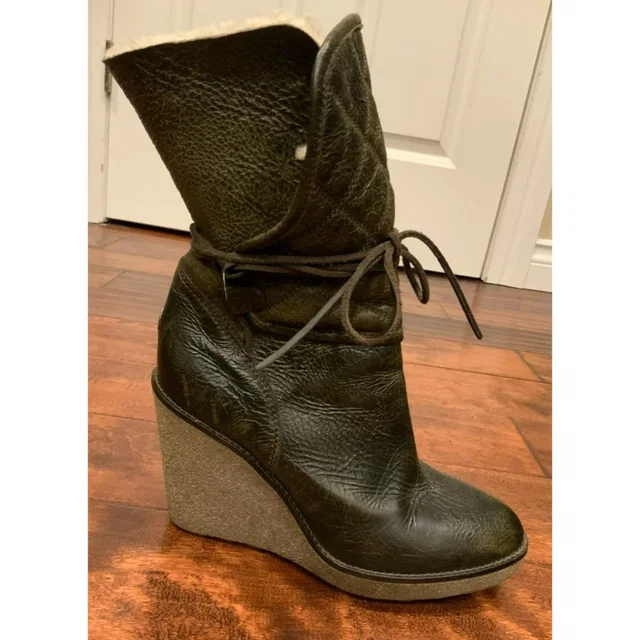 Moncler Brown Soft Quilted Leather Wedge Boot W/ Shearling Lining, Size 39 | 9 in brown|red Leather from Poshmark