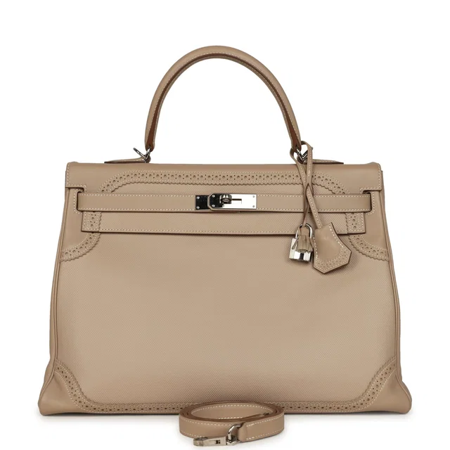 Hermès Ghillies Kelly Retourne 35 Argile Swift and Grain D'H Palladium Hardware in Swift leather from Madison Avenue Couture
