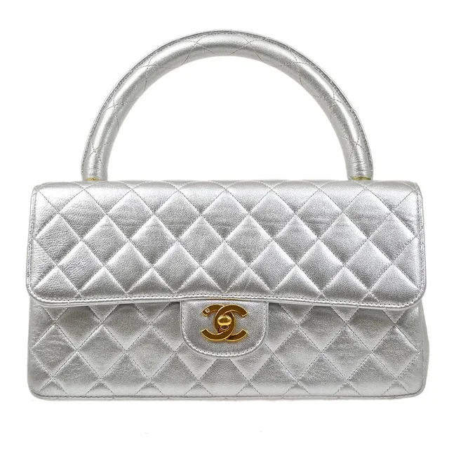 Chanel 1994 Silver Lambskin Quilted Top Handle Bag in Silver Lambskin from AMORE Vintage Tokyo