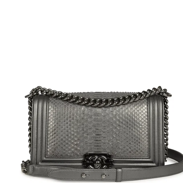 Chanel Medium Boy Bag Silver Python Ruthenium Hardware in Silver Python from Madison Avenue Couture