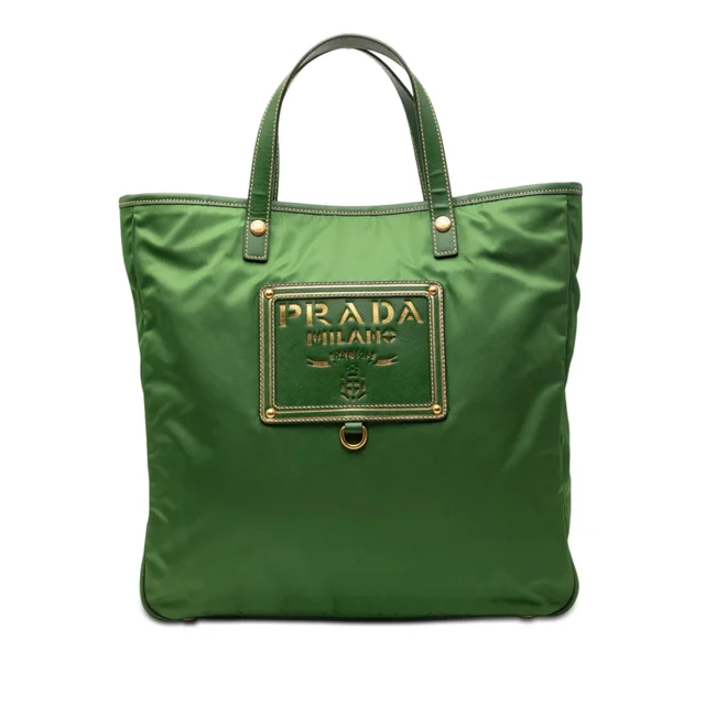 Green Prada Saffiano Trimmed Tessuto Logo Plate Convertible Tote Satchel in Green Saffiano leather from Designer Revival