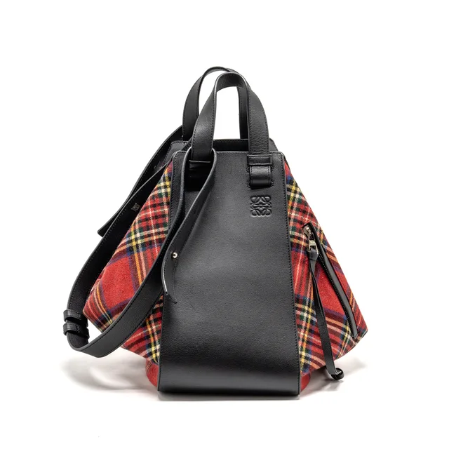 Loewe Hammock Tartan Bag Black/Red Tartan Calf/Textile Shw in Black Calfskin from EMIER