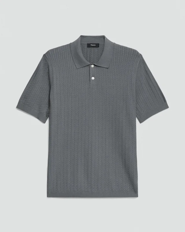 Theory Soris Cable-Knit Polo Shirt in Light Bilen in MEDIUM GREY 62% Viscose, 38% Polyester; Exclusive Of Elastic, photo 6 of 12 from Theory